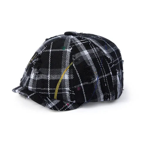 Vintage Distressed Plaid Newsboy Cap Women Cotton Graffiti Paint Splatter Octagonal Hat Streetwear Fashion Beret Accessory