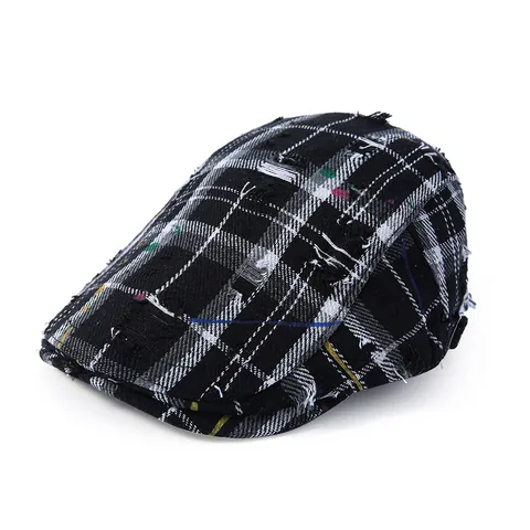 Gorra de Plato Vintage a Cuadros Algodón Desgastado para Hombre Mujer Ajustable Newsboy Cap Retro Flat Cap Streetwear
