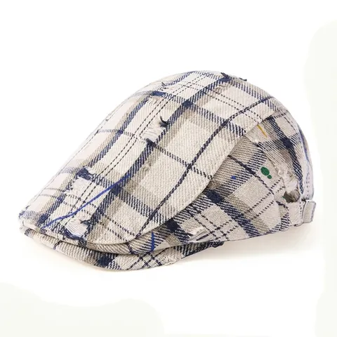Gorra de Plato Vintage a Cuadros Algodón Desgastado para Hombre Mujer Ajustable Newsboy Cap Retro Flat Cap Streetwear