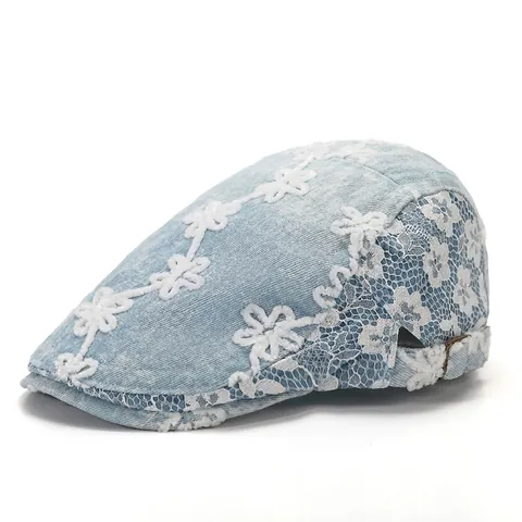 Casquette Gavroche Femme en Jean Rétro Avec Broderie de Dentelle Florale Blanche Chapeau de Peintre Réglable Béret Vintage Mode Streetwear