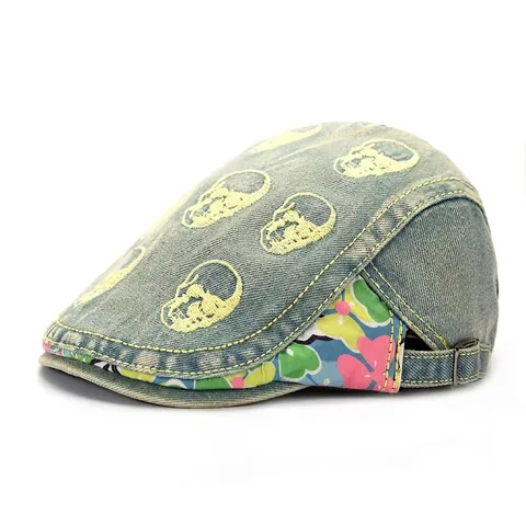 Gorra Plana de Denim Lavado Vintage Bordado de Calavera Patchwork Floral Ajustable para Hombre Mujer Sombrero Casual Streetwear