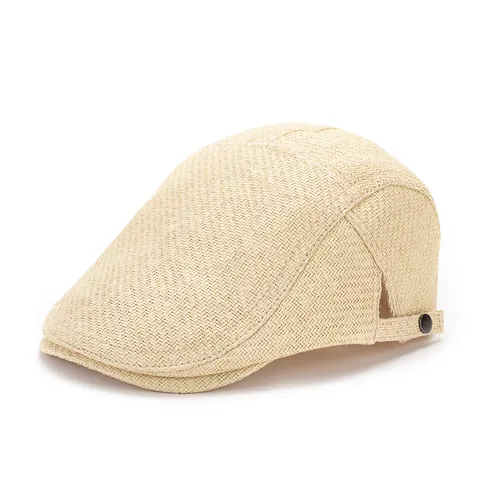 Béret Plat en Paille d'Été pour Hommes Protection Solaire Respirant Chapeau Ivy Vintage Tissé Gatsby Cabbie Réglable Extérieur