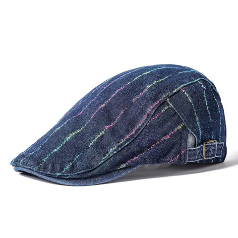 Béret en Denim à Rayures Vintage Japonais pour Femme Printemps Été Casquette Plate en Coton Délavé Coutures Colorées Chapeau de Peintre Réglable Accessoire Pare-Soleil