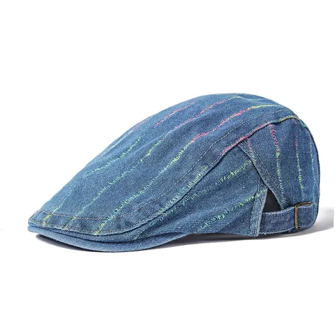 Béret en Denim à Rayures Vintage Japonais pour Femme Printemps Été Casquette Plate en Coton Délavé Coutures Colorées Chapeau de Peintre Réglable Accessoire Pare-Soleil