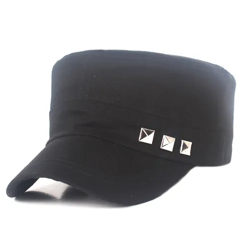 Gorra Cadet Clásica de Algodón para Hombre Mujer Color Sólido Sombrero de Copa Plana con Remache Hebilla Ajustable Transpirable