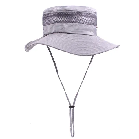 Unisex Outdoor Sun Hat Polyester UV Protection Wide Brim Mesh Breathable Bucket Hat Hiking Fishing Camping Adjustable Windproof Rope Hat