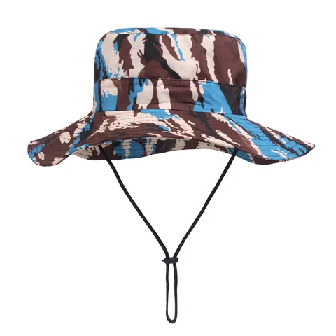 Chapeau Bob en Nylon Camouflage à Large Bord Avec Cordon Coupe-Vent Réglable Protection Solaire Chapeau de Pêche Randonnée pour Hommes Femmes