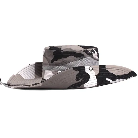 Outdoor Camouflage Sun Hat Men UV Protection Fishing Bucket Hat Wide Brim Breathable Boonie Hat With Adjustable Wind Rope