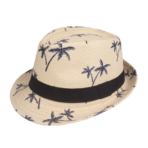 Summer Parent-Child Fedora Paper Straw Hat For Men Women Kids Tropical Palm Tree Print Breathable Beach Sun Hat With Black Ribbon