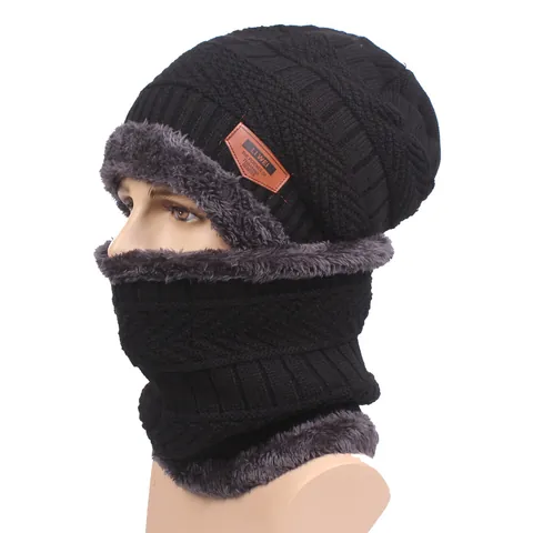 Men Winter Beanie Hat And Neck Warmer Fleece Lined Thickened Knit Cap Scarf Outdoor Cold Weather Warm Accessory