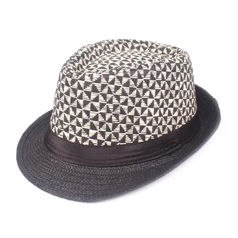 Unisex Retro Paper Straw Fedora Hat Geometric Pattern Breathable Summer Sun Hat Casual Jazz Hat With Black Ribbon Decoration
