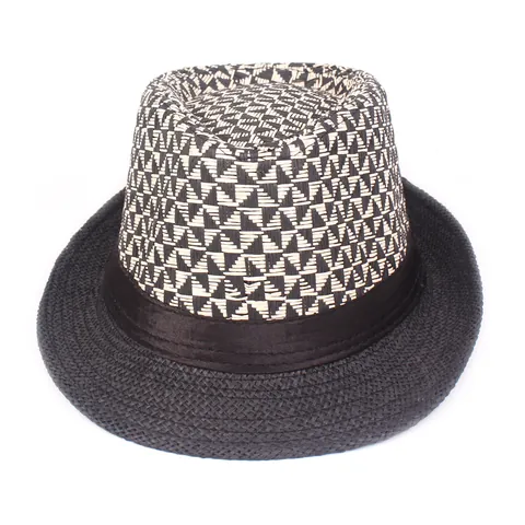 Unisex Retro Paper Straw Fedora Hat Geometric Pattern Breathable Summer Sun Hat Casual Jazz Hat With Black Ribbon Decoration