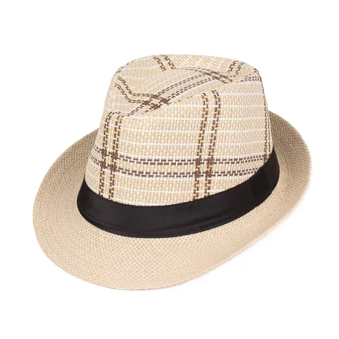 Cappello Fedora di Paglia Estivo da Uomo Stile Britannico a Quadri Intrecciato in Carta Con Nastro Nero per Spiaggia Viaggi Accessorio Quotidiano