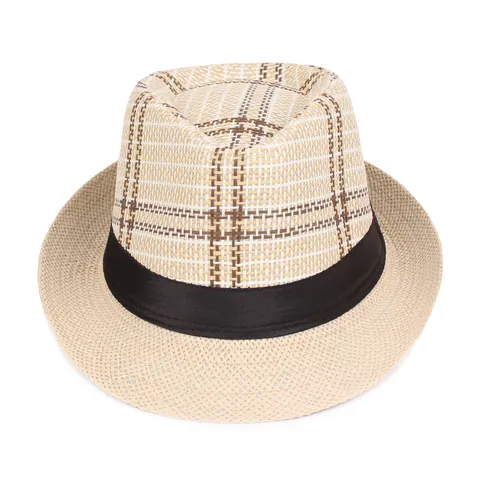 Cappello Fedora di Paglia Estivo da Uomo Stile Britannico a Quadri Intrecciato in Carta Con Nastro Nero per Spiaggia Viaggi Accessorio Quotidiano