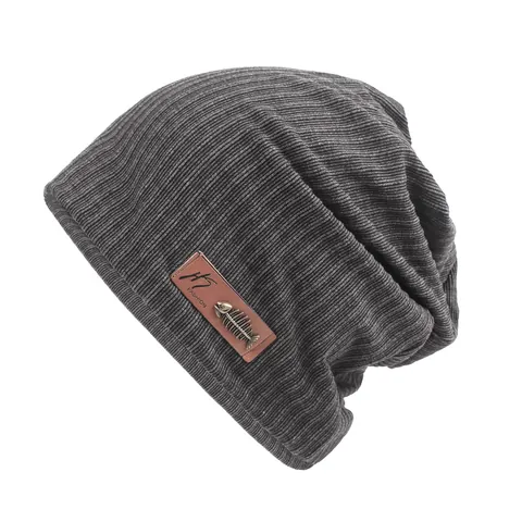 Cotton Blend Ribbed Knit Slouchy Beanie For Men Women Korean Style Winter Warm Skull Cap With Leather Patch Fishbone Decor