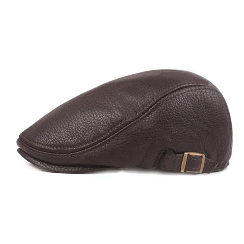 Vintage PU Leather Flat Cap For Men Adjustable Newsboy Ivy Cabbie Driving Hat Warm Winter Solid Color Litchi Texture