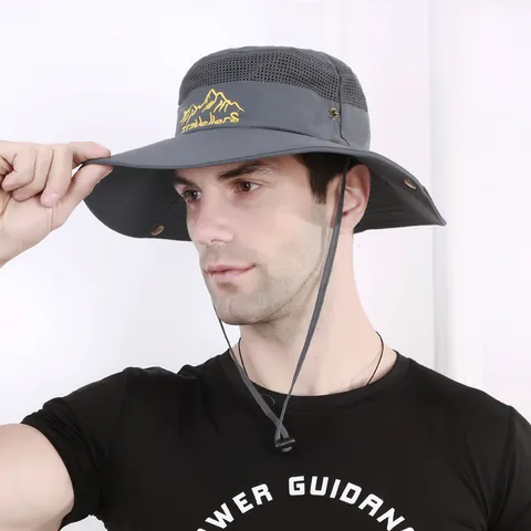 Chapeau de Soleil d'Extérieur pour Hommes en Coton à Bord Large Chapeau Bob Maille Respirante Pêche Randonnée Safari Avec Cordon de Serrage Réglable