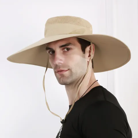 Cappello da Pescatore a Tesa Larga per Uomo Donna Mesh Traspirante Protezione Solare Trekking Pesca Safari Con Cordino Regolabile