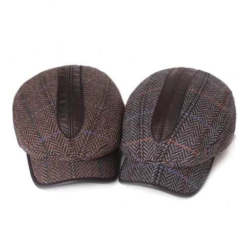 Herren Retro Wollmischung Fischgrätenmuster Schiebermütze Winter Warm Vorwärtsmütze Mit Lederbesatz Karomuster Baskenmütze Für Mittelalte Und Ältere