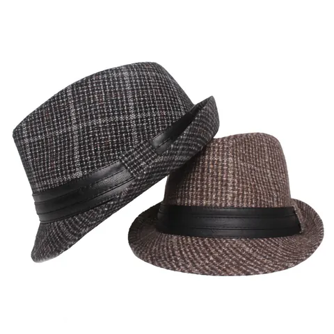 Cappello Fedora a Quadri Stile Britannico Vintage per Uomo Donna in Misto Cotone Trilby Con Fascia in Ecopelle Caldo Autunno Inverno