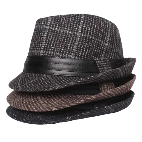 Cappello Fedora a Quadri Stile Britannico Vintage per Uomo Donna in Misto Cotone Trilby Con Fascia in Ecopelle Caldo Autunno Inverno