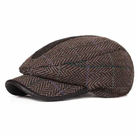 Herren Retro Wollmischung Fischgrätenmuster Schiebermütze Winter Warm Vorwärtsmütze Mit Lederbesatz Karomuster Baskenmütze Für Mittelalte Und Ältere