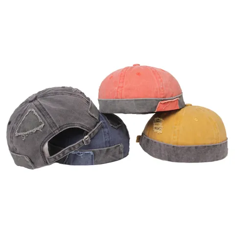 Vintage Washed Cotton Docker Hat Distressed Brimless Beanie Cap Adjustable Industrial Style Patchwork Landlord Hat Unisex
