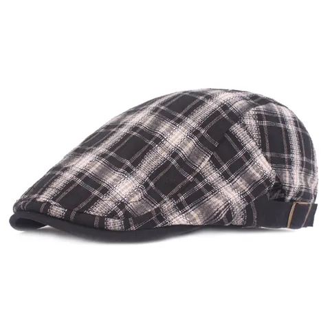 Boina Retro a Cuadros para Mujeres Hombres Gorra con Visera Transpirable de Algodón Lino Ajustable Estilo Británico Sombrero de Sol
