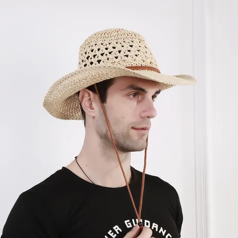 Chapeau de Cow-boy de l'Ouest pour Hommes Chapeau de Soleil à Large Bord en Paille de Papier Respirant Chapeau de Plage d'Été Avec Cordon Réglable