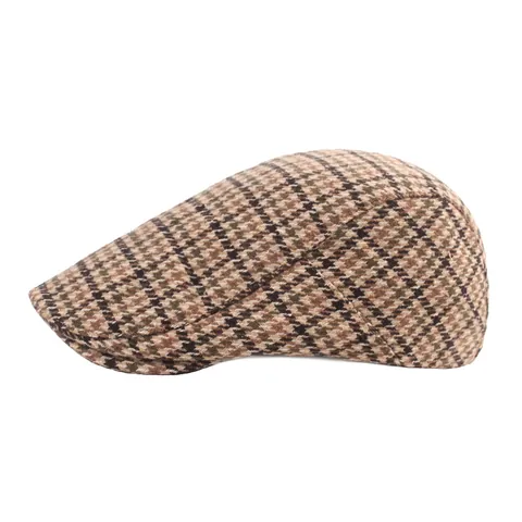 Houndstooth Wool Blend Beret Hat British Retro Flat Cap For Men Women Autumn Winter Warm Duckbill Forward Hat Plaid Ivy Cap Adjustable