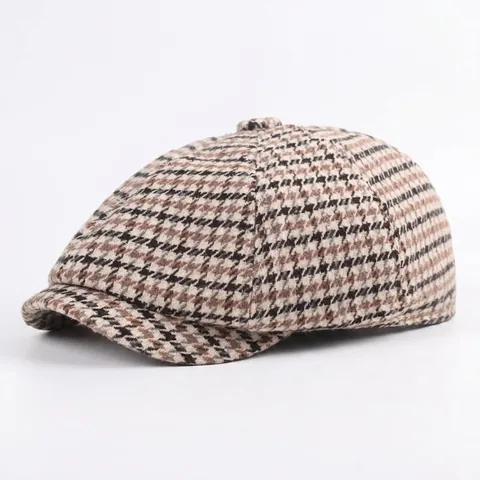 Vintage Houndstooth Newsboy Cap For Women Men Wool Blend British Style Beret Hat Warm Flat Cap For Autumn Winter Casual