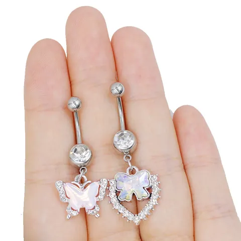 Piercing de Ombligo de Aleación de Zinc con Mariposa y Circón para Mujer Joyería de Ombligo de Corazón con Strass Incrustado