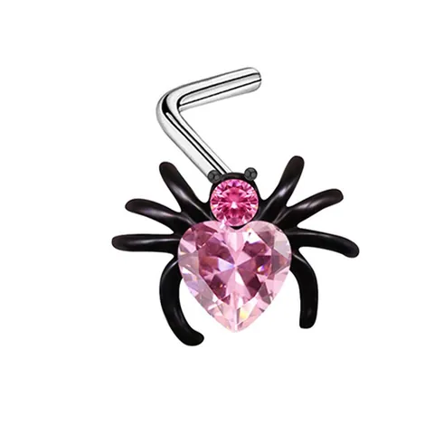 316L Stainless Steel Spider Nose Stud With Heart Shaped Zirconia Copper Gothic L-Shaped Nose Ring Body Piercing Jewelry For Women Men