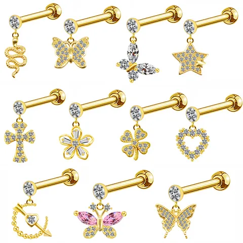 Fashion Golden Metal Zirconia Ear Stud Piercing Jewelry With Butterfly Snake Star Evil Eye Heart Cross Flower Shapes For Unisex