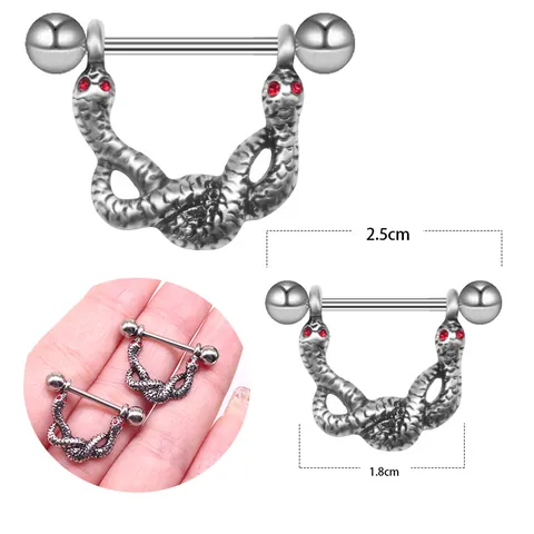 316L Edelstahl Brustwarzenpiercing Für Damen Doppelkopfschlange Design Altsilber Körperpiercing Schmuck Rote Strass Augen