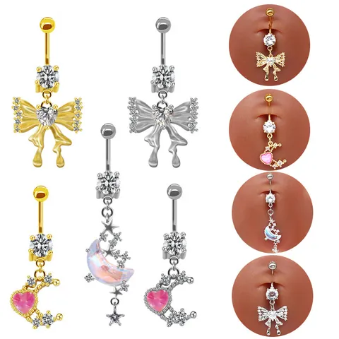 316L Edelstahl Bauchnabelpiercing Für Damen Kupfer Zirkonia Schmetterling Stern Mond Herz Eingelegt Körperschmuck Nabelring