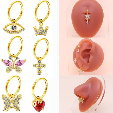 Edelstahl Hoop Nasenring Ohrring Herz Schmetterling Mond Böser Blick Krone Kreuz Zirkonia Gold Silber Schmuck