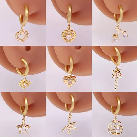Edelstahl Creolen Vergoldet Zirkonia Herz Stern Schmetterling Mond Sonne Evil Eye Hängeohrringe Damen Schmuck