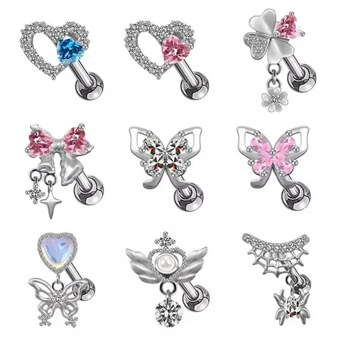 Fashion Body Piercing Jewelry Copper Zircon Butterfly Heart Bowknot Navel Ring Ear Cartilage Stud Earring For Women Men