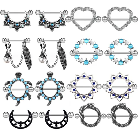 Gothic Punk Nipple Ring Shield Body Jewelry For Women Zinc Alloy Heart Snake Moon Star Feather Pendant Barbell Piercing Jewelry