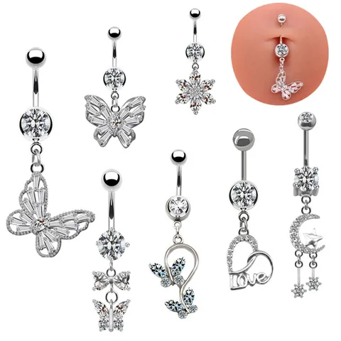 Mode Legierung Strass Schmetterling Herz Mond Stern Bauchnabelpiercing Für Damen Silber Gold Roségold Farbe Körper Piercing Schmuck Geschenk