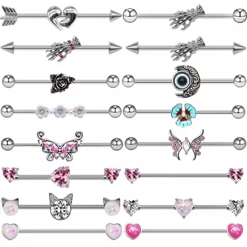 Stainless Steel Industrial Barbell Earring For Women Butterfly Heart Moon Skull Cat Ear Cartilage Piercing Jewelry Zirconia