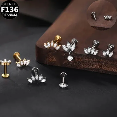 F136 Titanium Labret Stud Lip Ring For Women Marquise Zirconia Crown Clover Tassel Chain Flat Back Piercing Jewelry
