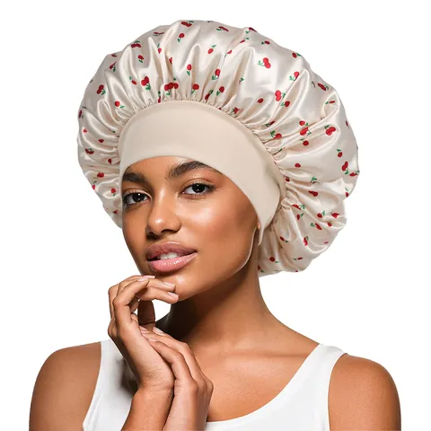 Gorro de Dormir de Satén para Mujer Banda Elástica Ancha Cuidado del Cabello Estampado de Cerezas Patrón Floral