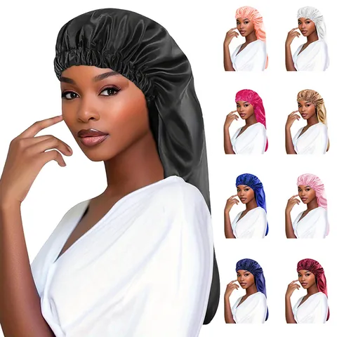 Long Satin Sleep Bonnet For Women Soft Night Cap With Elastic Band Solid Color Hair Care Head Wrap For Braids Curly Hair