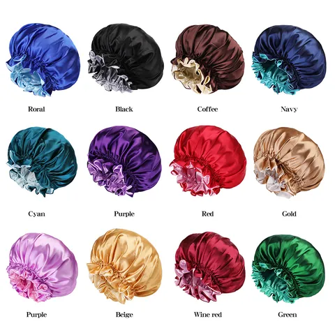 Double Layer Satin Sleep Bonnet For Women Elastic Wide Band Hair Care Night Cap Large Size Solid Color Hair Protection Bonnet
