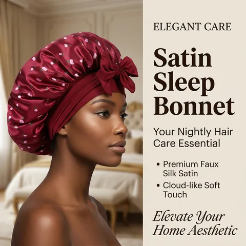 Women Satin Sleep Bonnet With Cherry Print Hair Care Night Cap Decorative Bow Wide Elastic Band For Sleeping