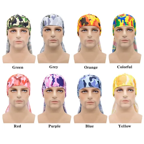 Camouflage Satin Silky Durag For Men Women Long Tail Pirate Hat Hip Hop Headwrap For Hair Protection Waves Sleeping Cap