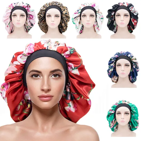 Gorro de Dormir de Satén para Mujer Estampado Floral Gorro de Noche Efecto Seda Con Banda Elástica Ancha