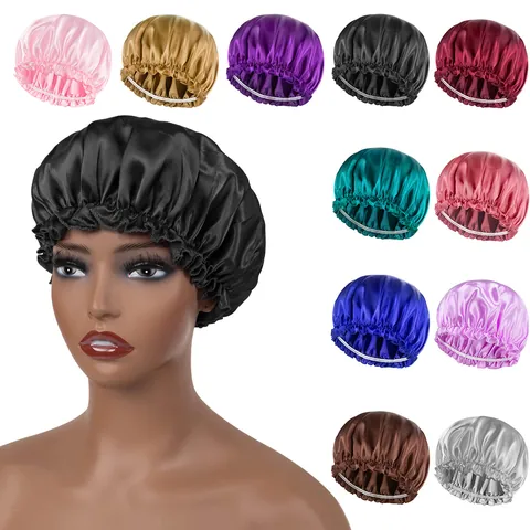 Cuffia da Notte in Raso Texture Seta Protezione Capelli Con Fascia Elastica Tinta Unita Cuffia Doccia per Donna Capelli Ricci